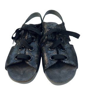 Wolky Open Sandal Snakeskin Design Leather Upper Lace Up Black/Pewter Size 38